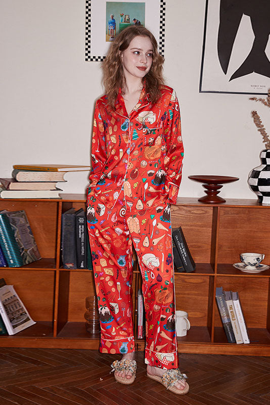 Coordinated Dessert Print Long Sleeve Ice Silk Loungewear Set