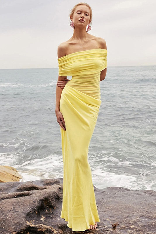 Sheer Mesh Off-Shoulder Maxi-Length Dress