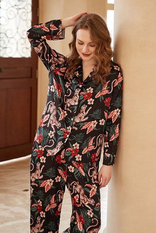 Jaguar and Flower Print Ice Silk Long-Sleeve Loungewear Set