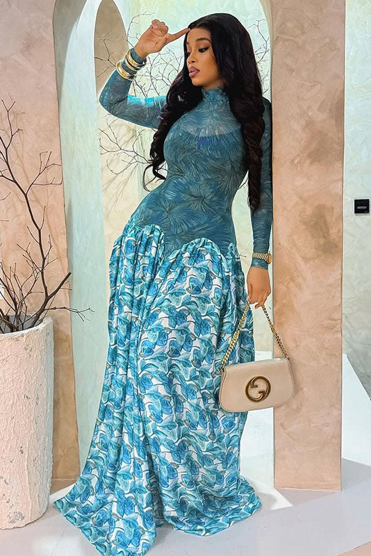 Blue Abstract Leaf Print Mesh Maxi-Length Dress