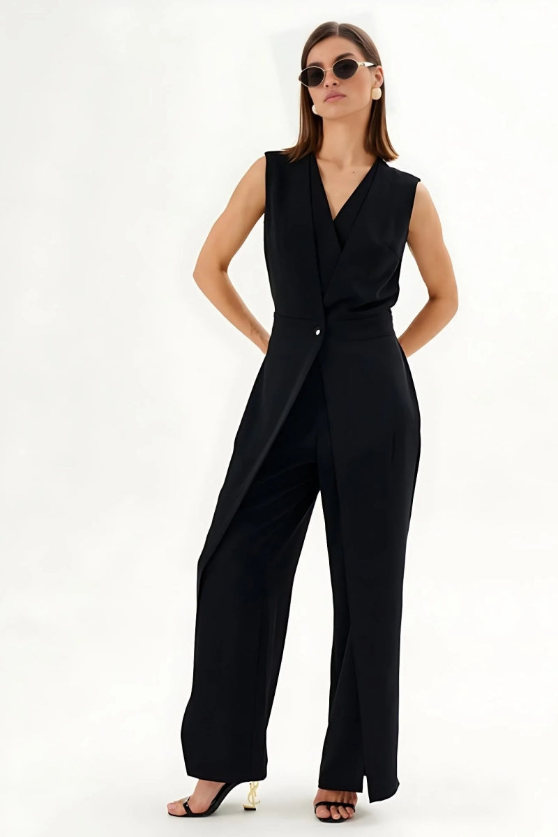 Modern Black Sleeveless Wrap-Effect Wide-Leg Jumpsuit