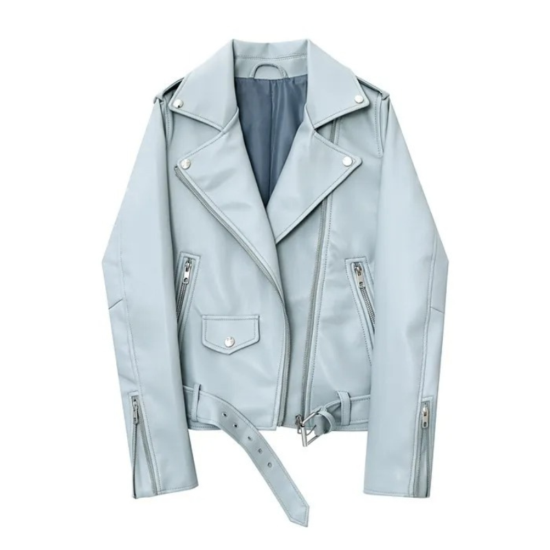 Leather Biker Jacket with Zippers and Belt