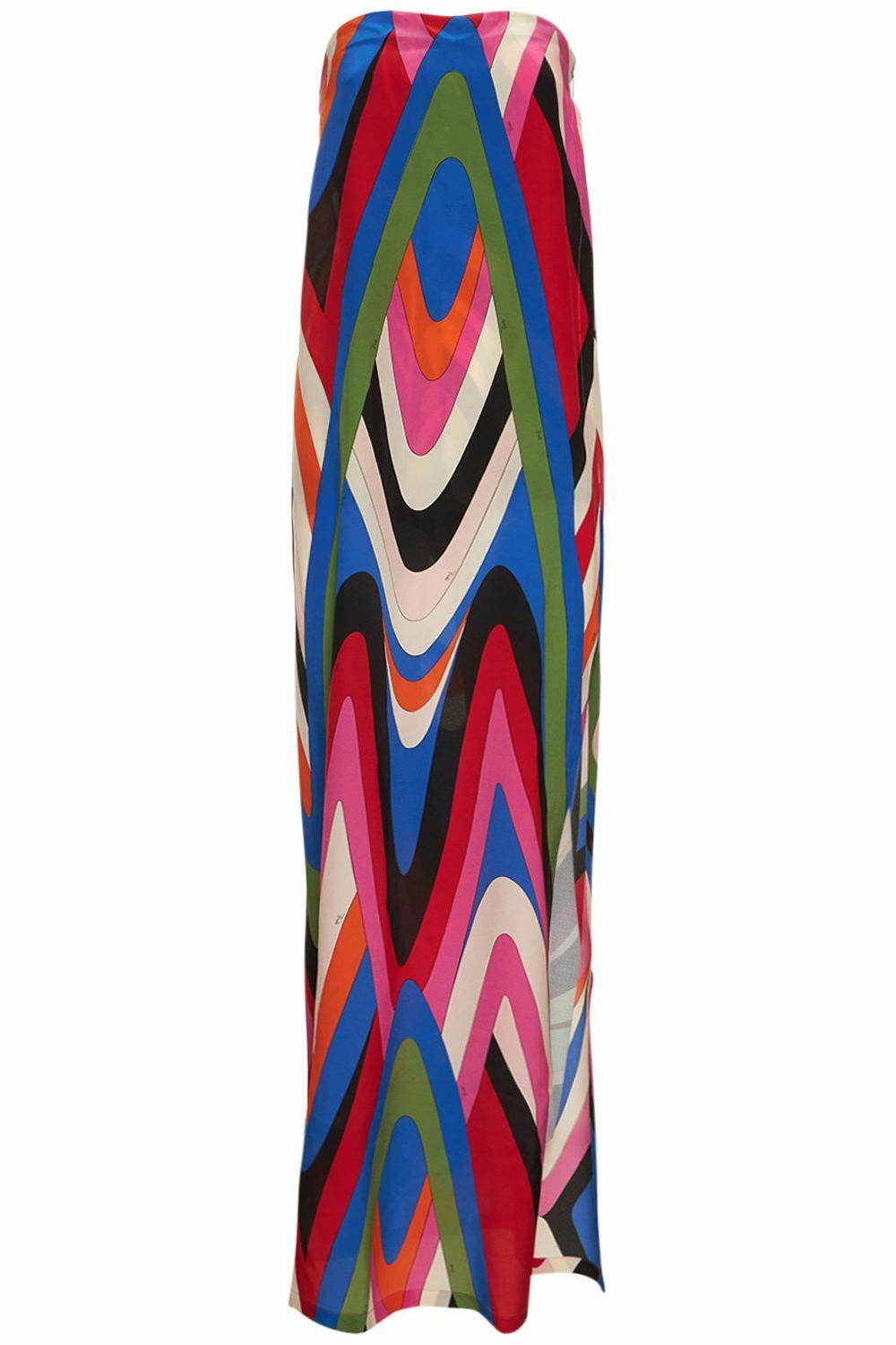Strapless Side Slit Moire Print Maxi-Length Dress