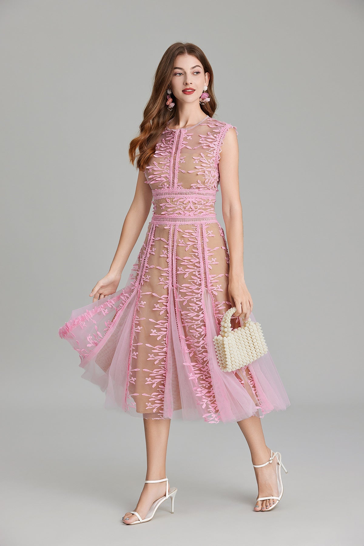 Maelle Crew Neck Mesh Embroidered Midi-Length Dress In Beige