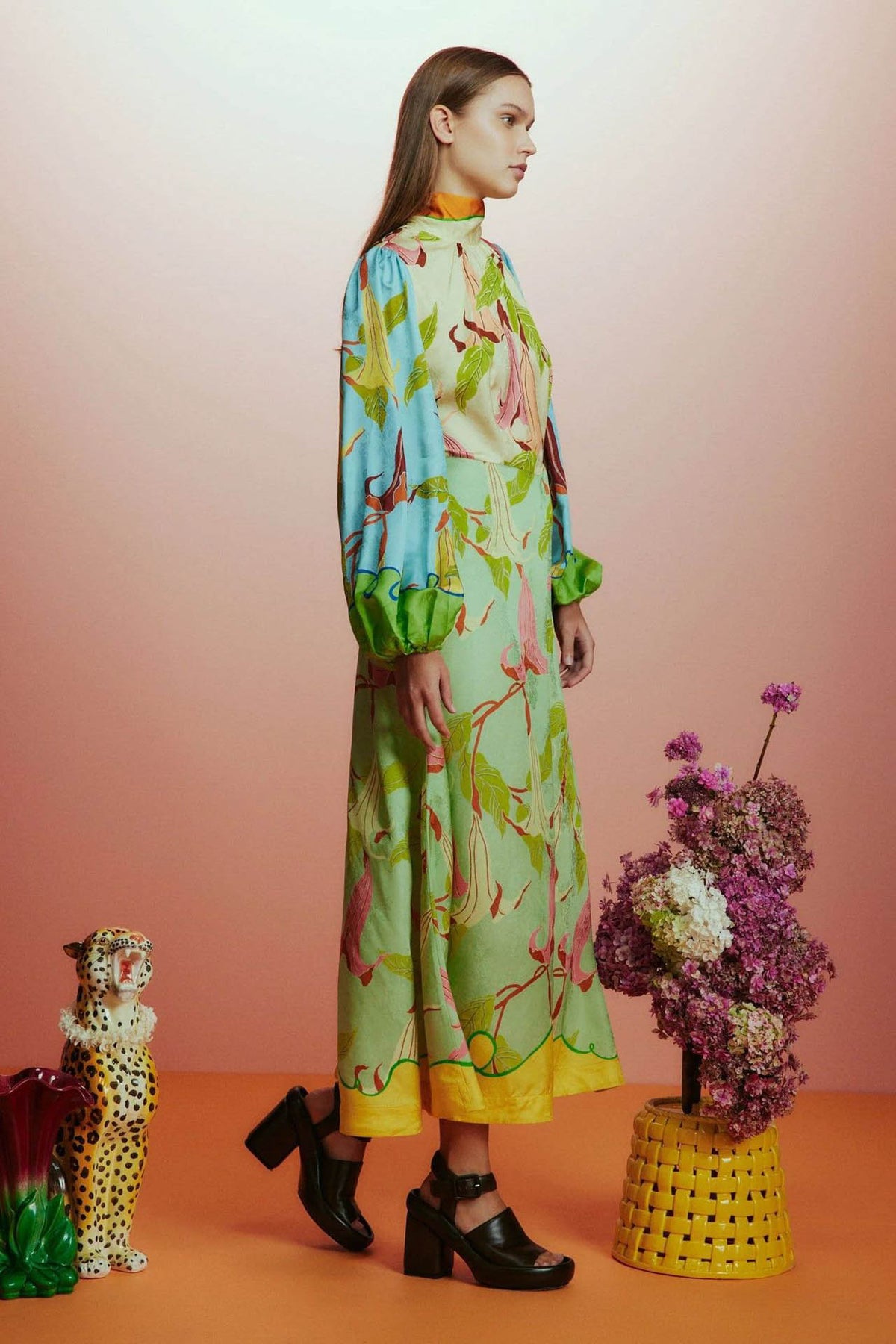 Modern High Collar Lantern Sleeve Patchwork Dress