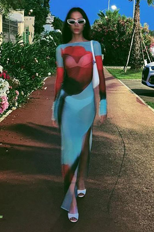 Abstract Print Sheer Maxi-Length Dress