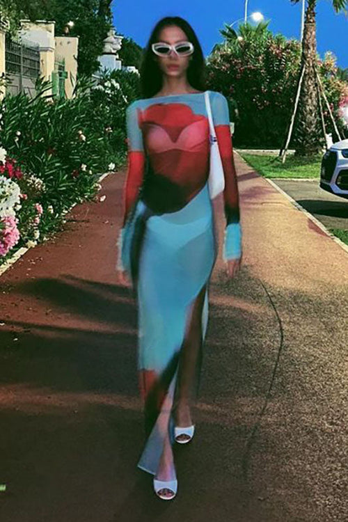 Abstract Print Sheer Maxi-Length Dress