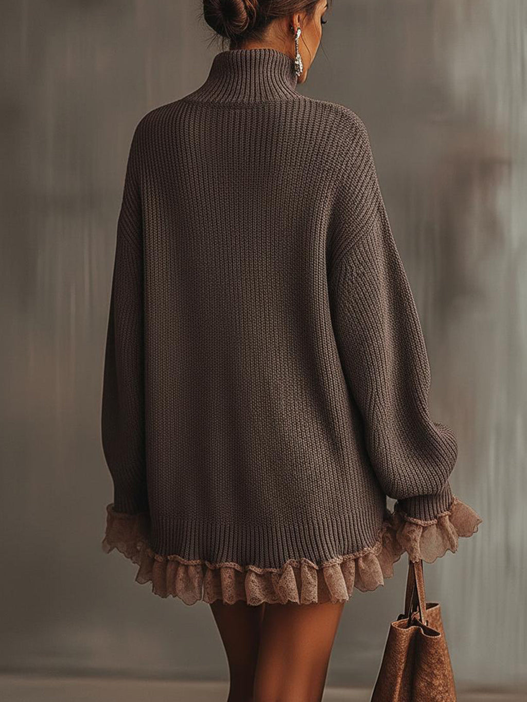 Brown Ruffled Hem Turtleneck Knit Sweater Dress