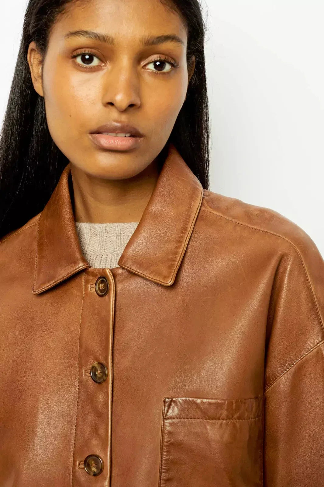 Clean-Lined Boxy Leather Short Jacket