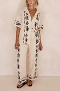 Black Patterned Cream Wide-Leg Trousers-Set