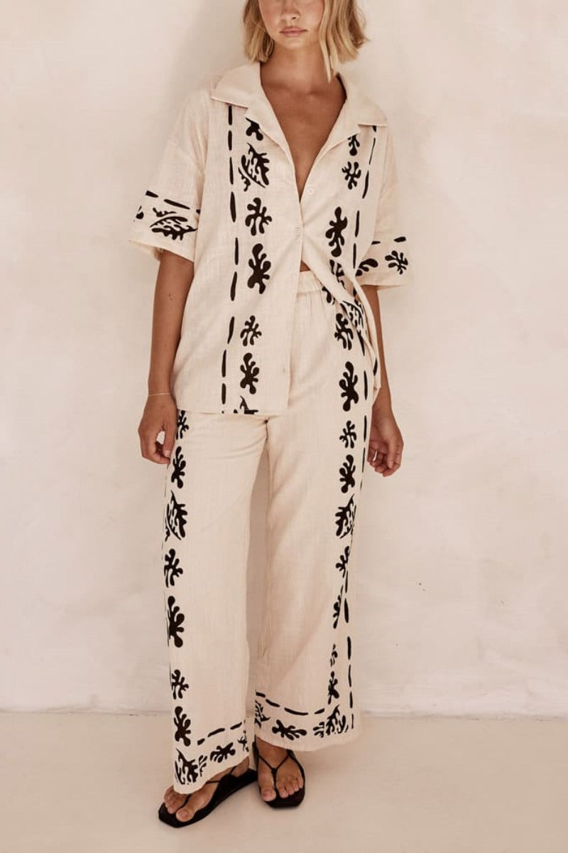 Black Patterned Cream Wide-Leg Trousers-Set