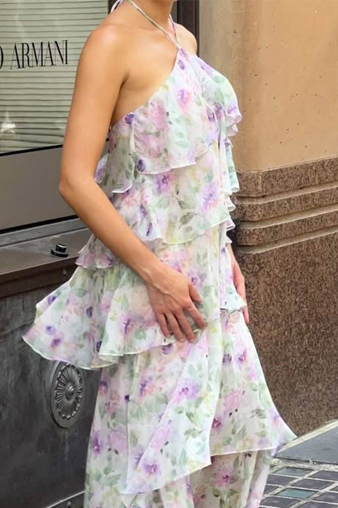 Layered Flower Halter Maxi-Length Dress