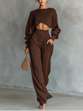Women's Coffee-colored Short Top And Wide-Leg Trousers Knitted Set