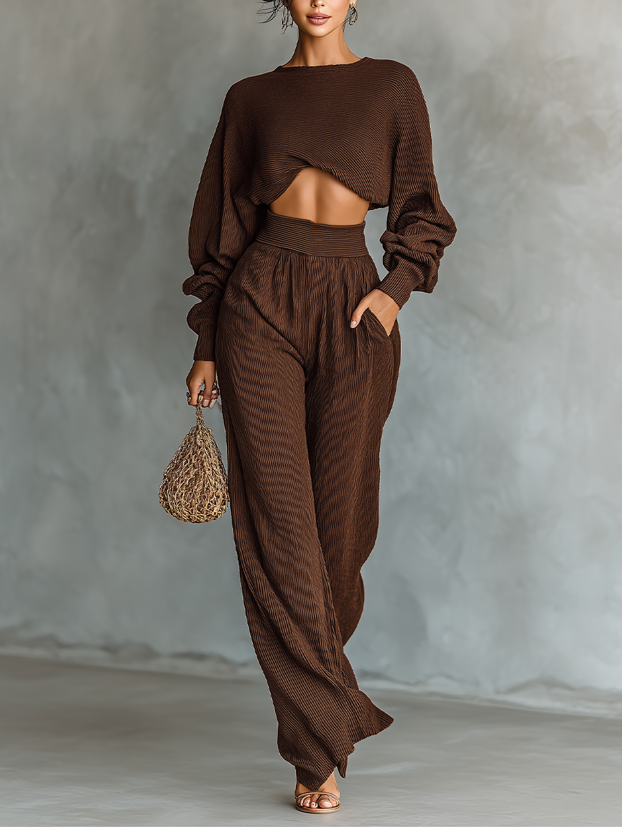 Women's Coffee-colored Short Top And Wide-Leg Trousers Knitted Set