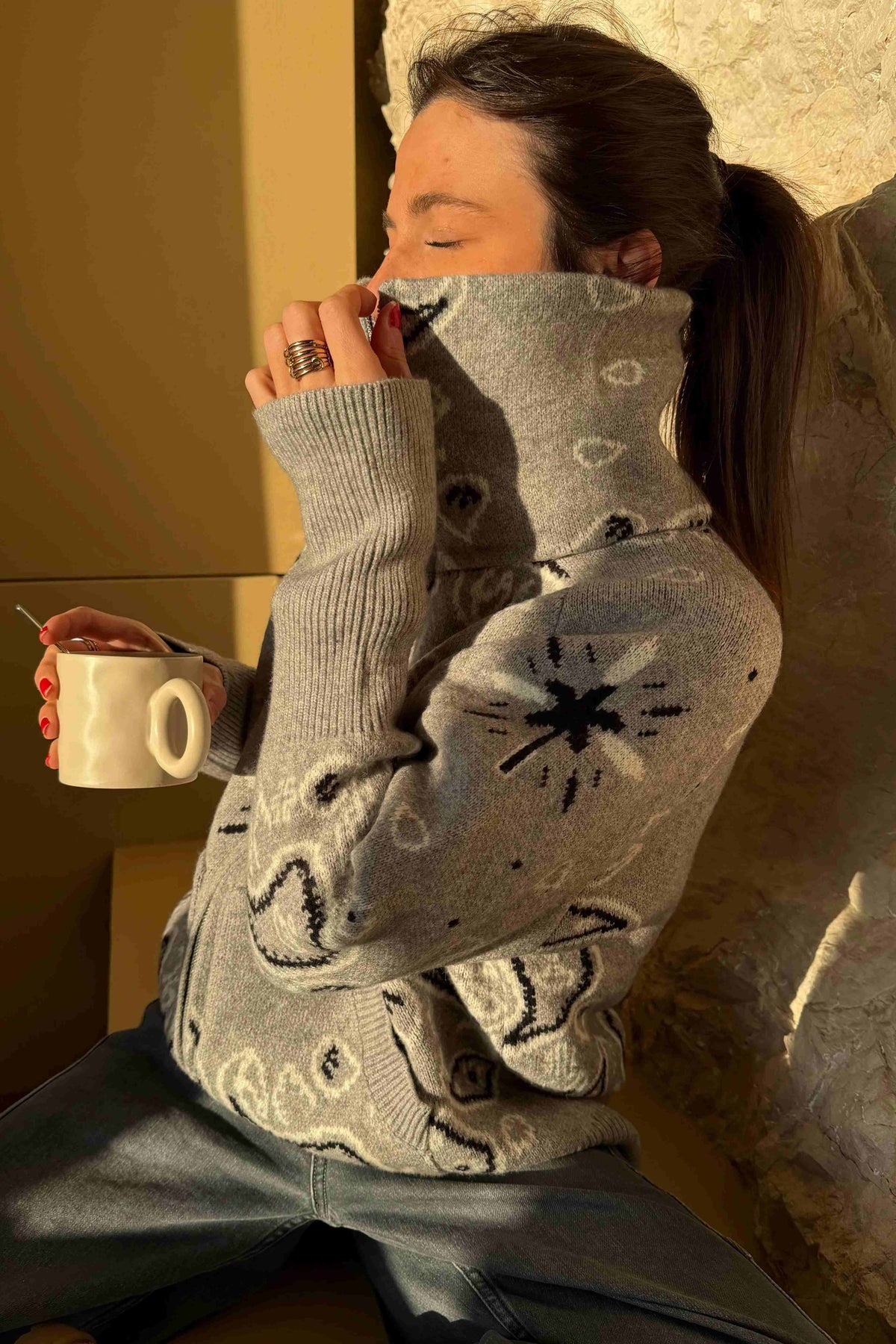 Gray Bandana Patterned Knit Cardigan