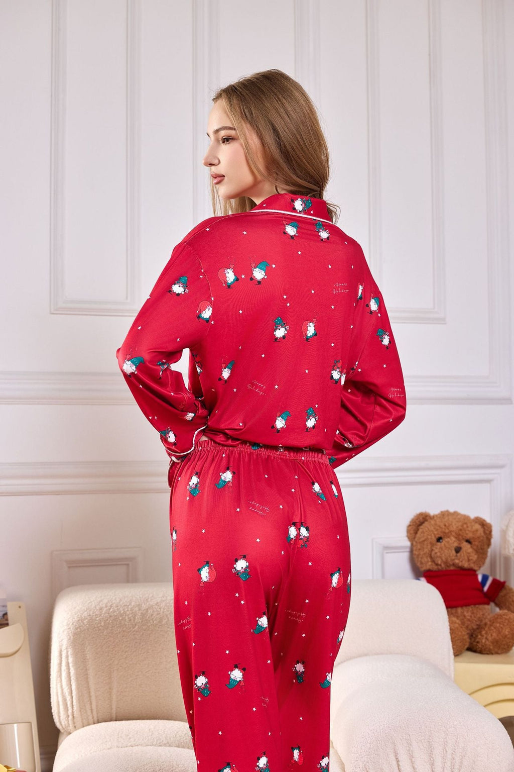 Coordinated Pink Candy Cane Print Satin Long PJ Set