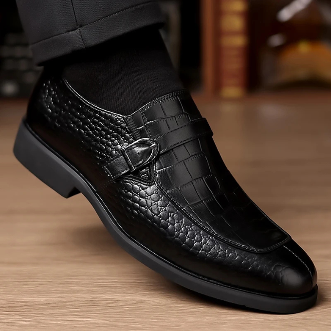 Polished Leather Monk Strap Shoes with Croc-Embossed Texture