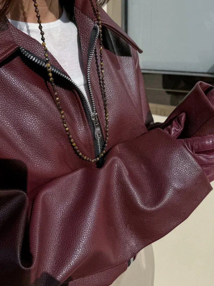 Red Vintage Leather Jacket with a Zipper