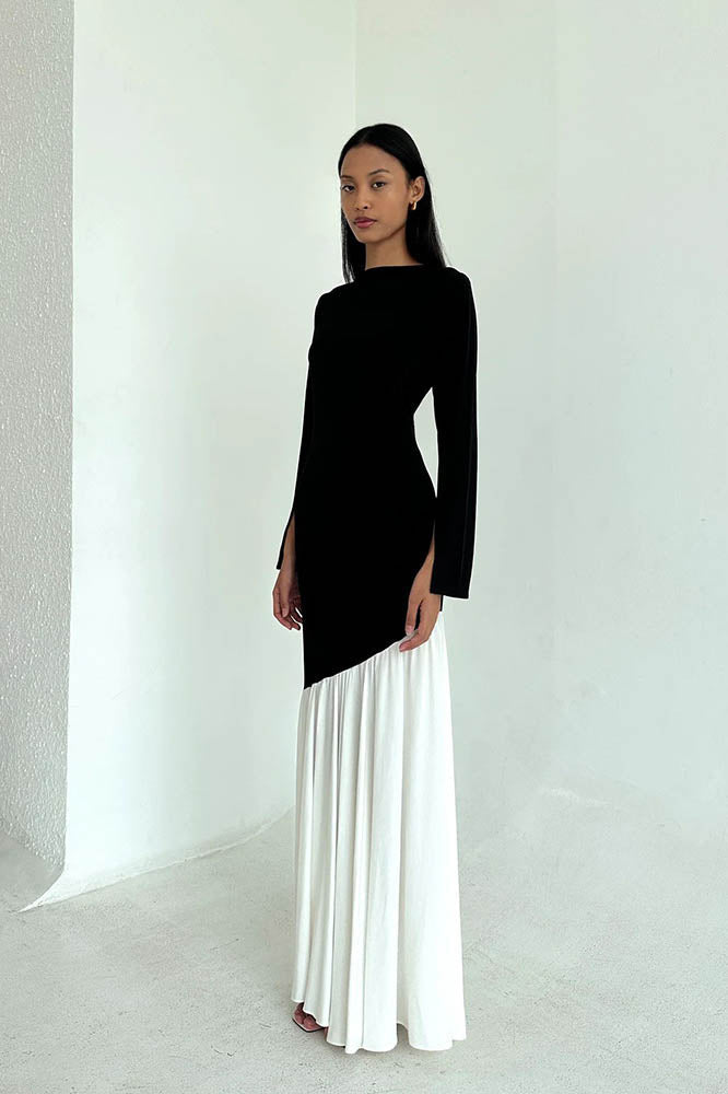 Fashionable Colorblock Waist-Cinching Fitted Midi-Length Dress
