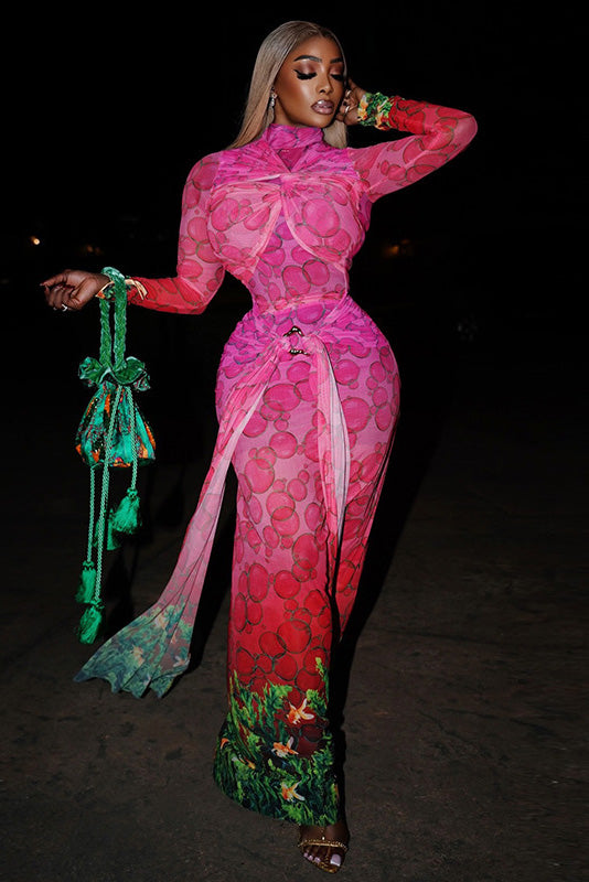 African Bubble Print Sheer Maxi-Length Dress