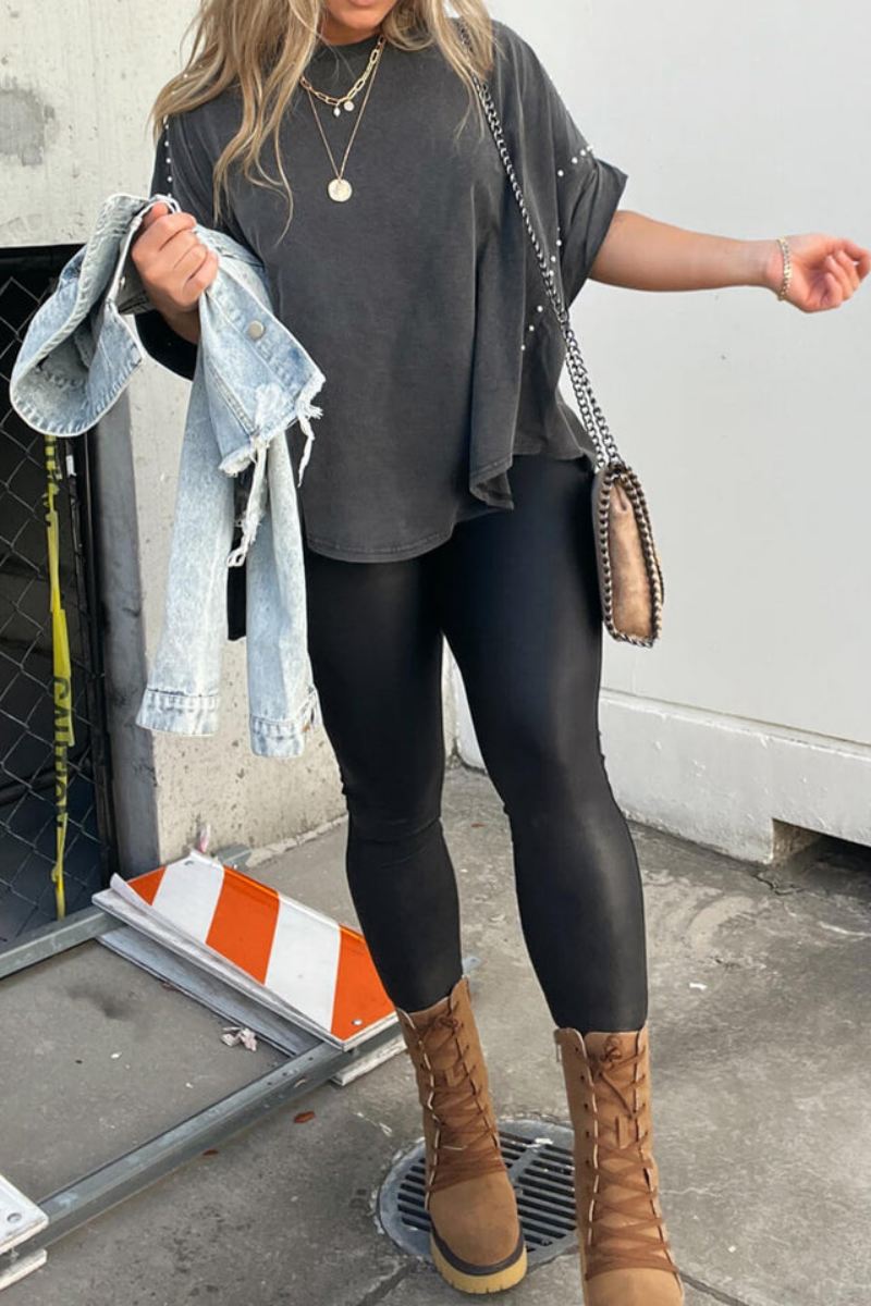 Modern Roll Up Sleeve Studded Oversized Tee