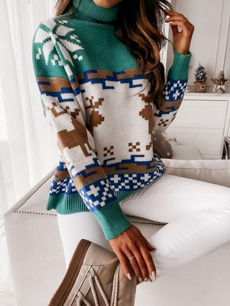 Modern Knit Pullover with Embroidered Reindeer and Snowflake Design