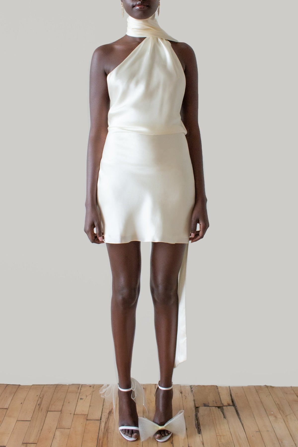 Open-Back Halter Satin Mini-Length Dress