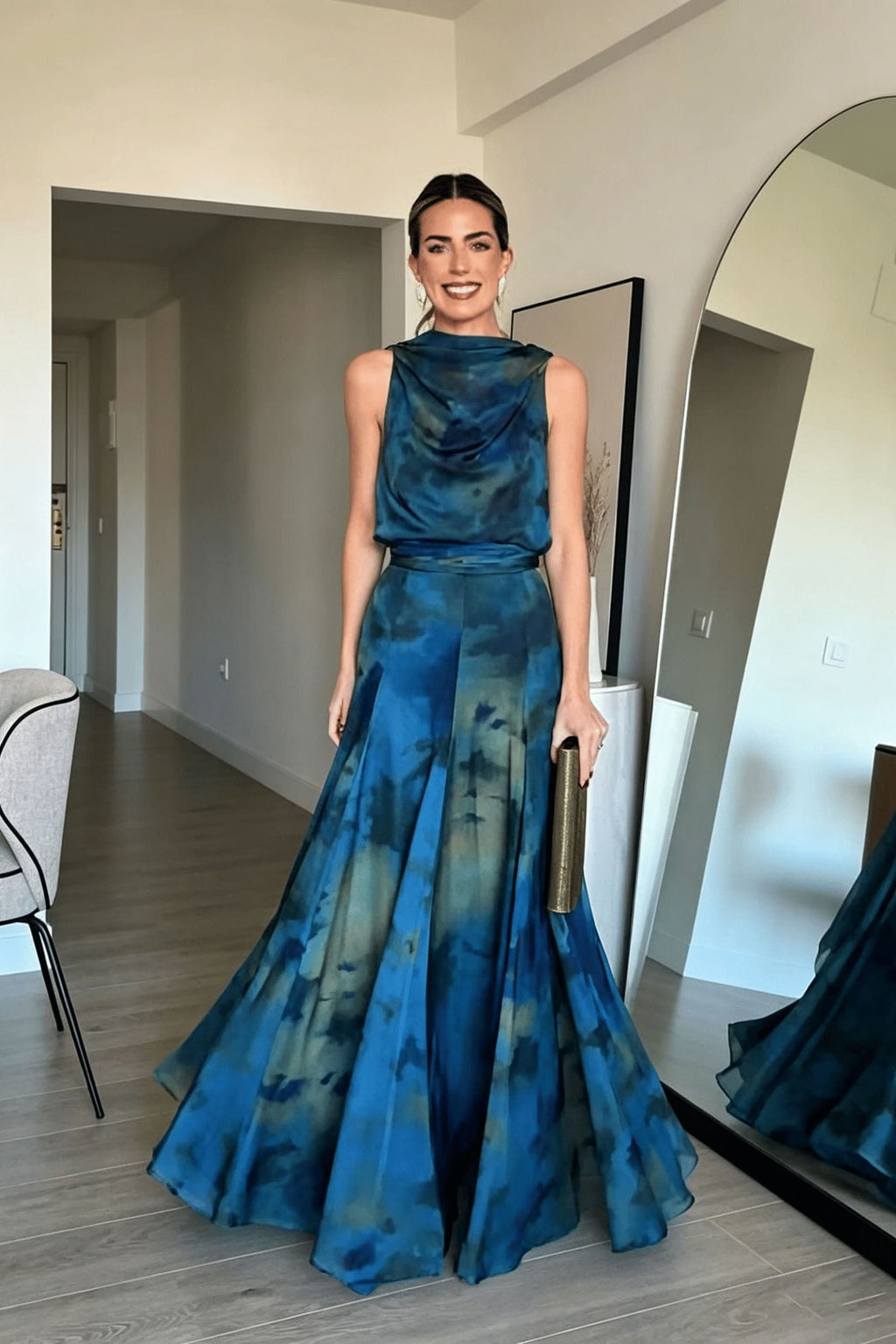 Coordinated Draped Neck Abstract Skirt Set