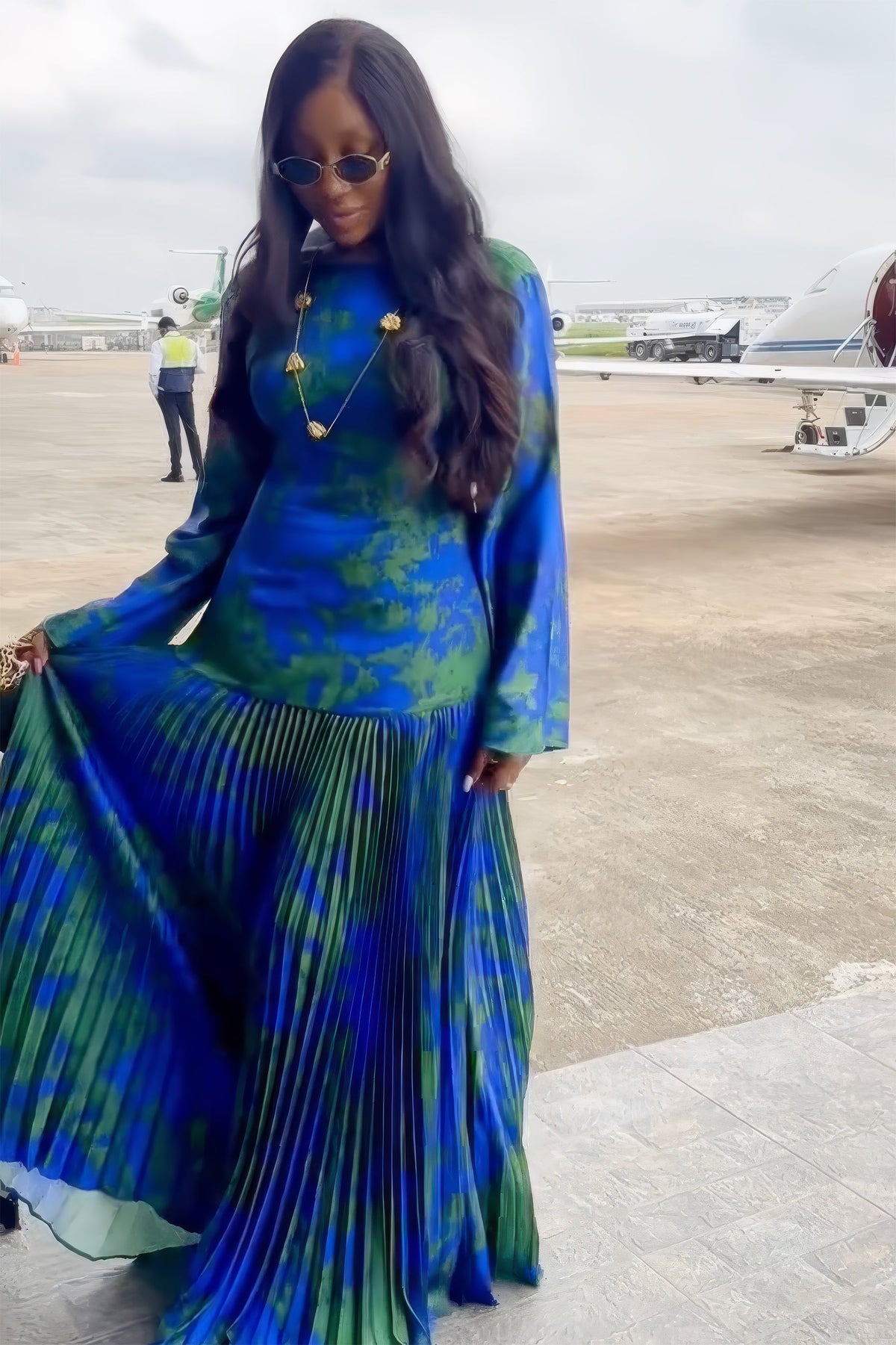 Tropical Wave Pleated Maxi-Length Dress