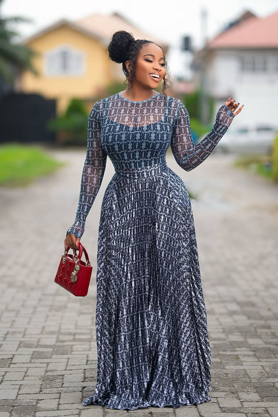 Gradient Chain-Pattern Sheer Mesh Fitted Maxi-Length Dress