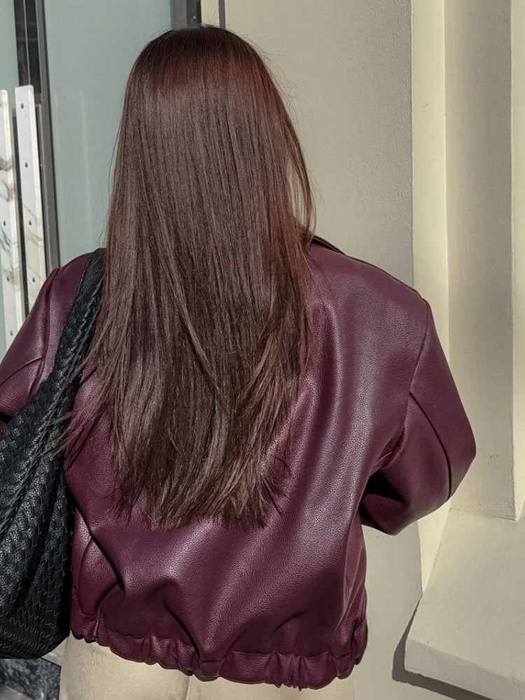 Leather Jacket with Lapel Collar, Zipper and Button Closure
