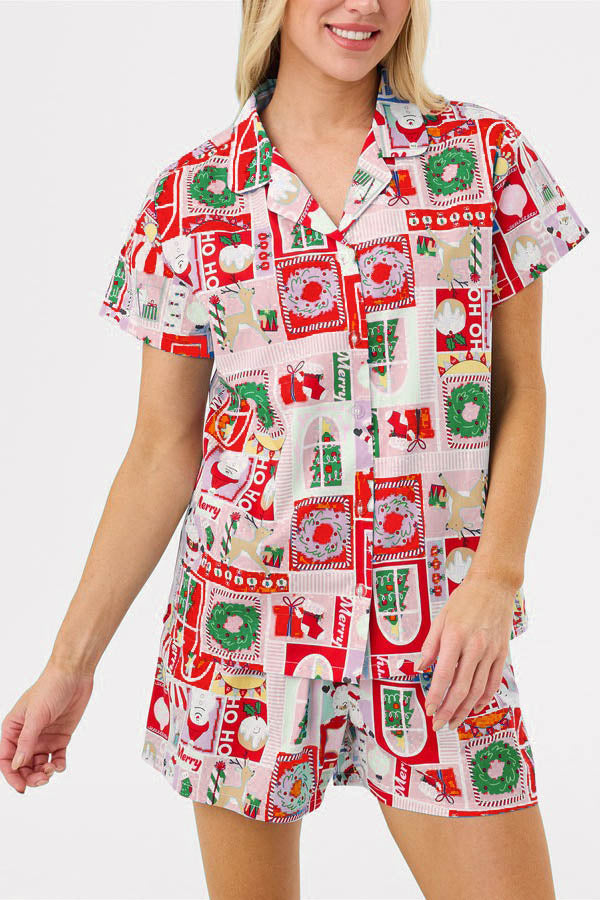 Coordinated Christmas Print Short Sleeves Cute Cartoon Print Set