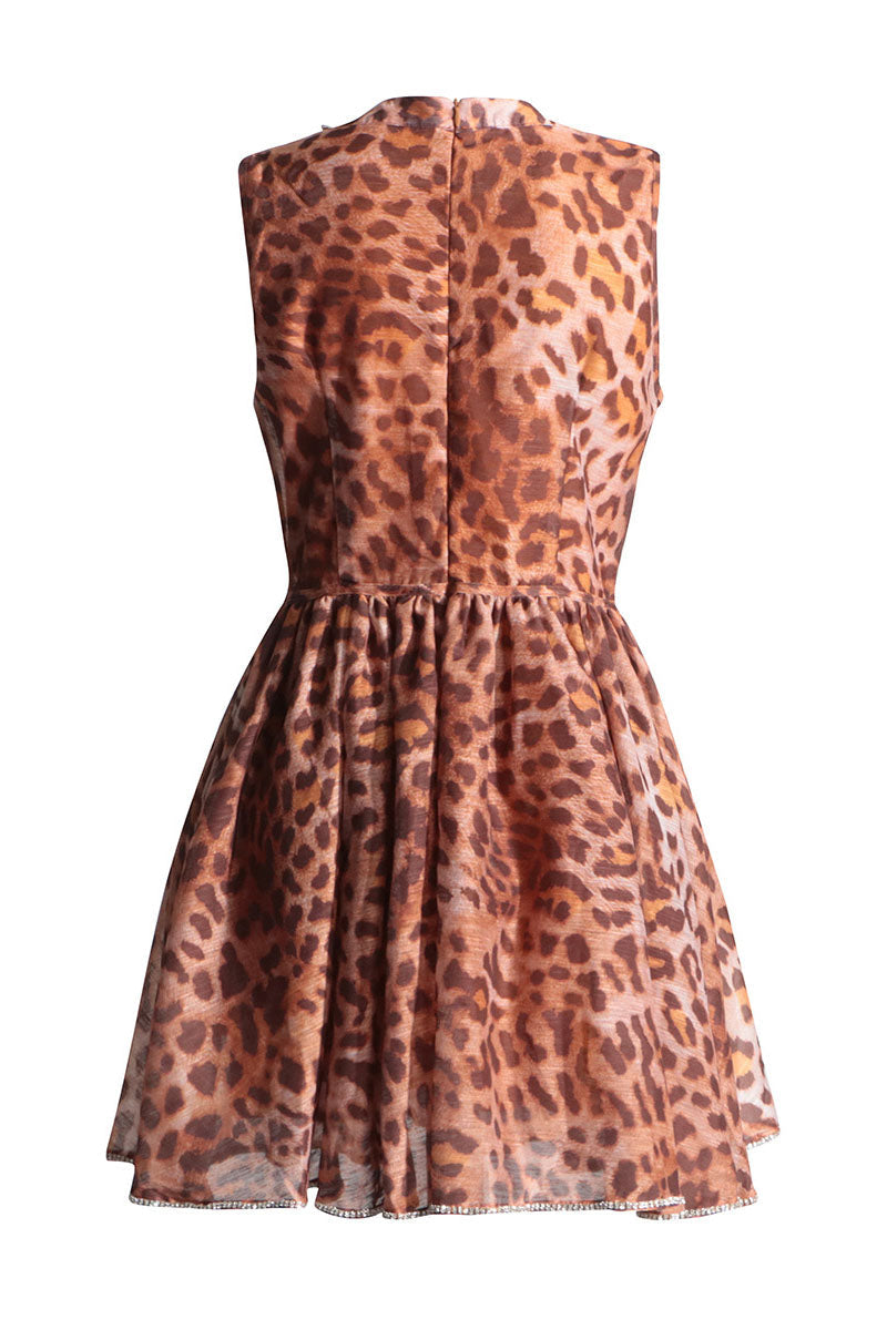 Leopard Print Crew Neck Crystal-Detail Dress
