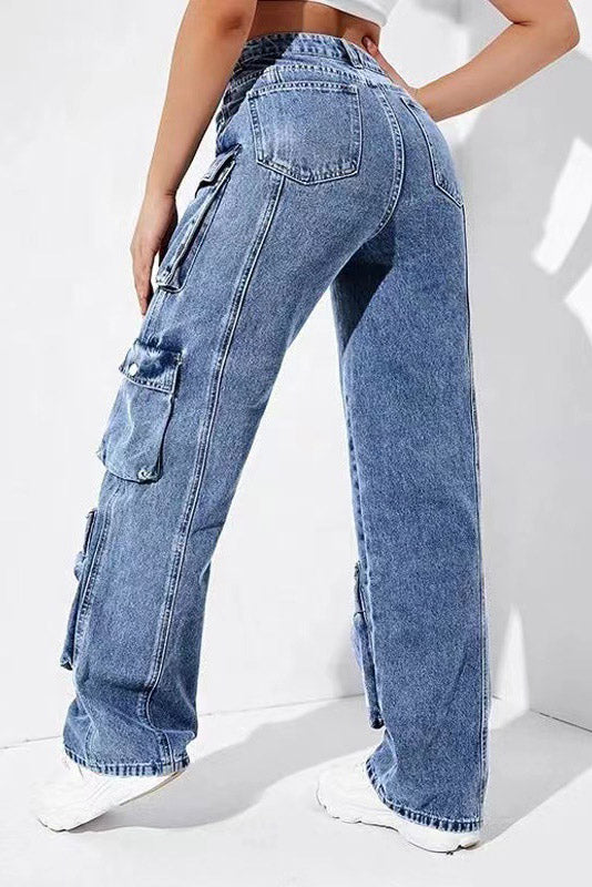 High-Waisted Denim Cargo Pants