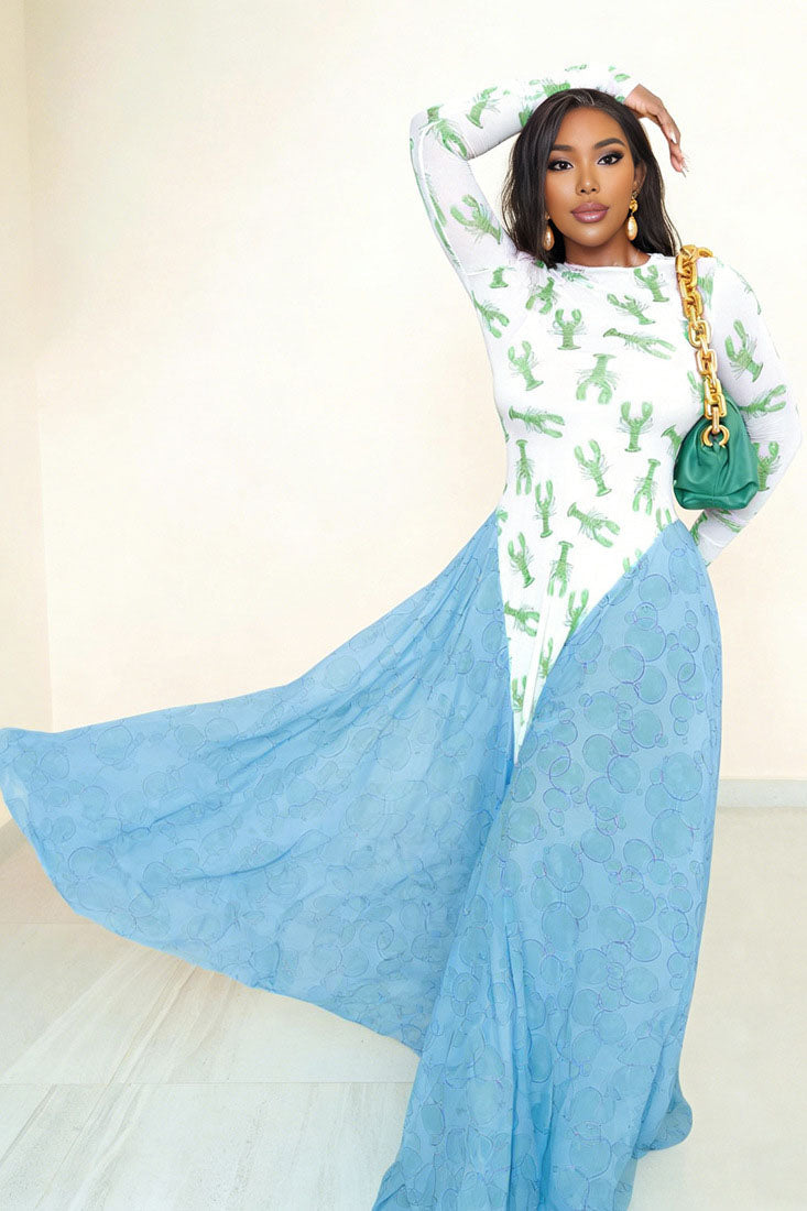 Fun Lobster Print Flowy Maxi-Length Dress