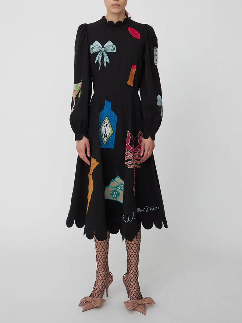 Lobster Graffiti Scallop Trim Midi-Length Dress
