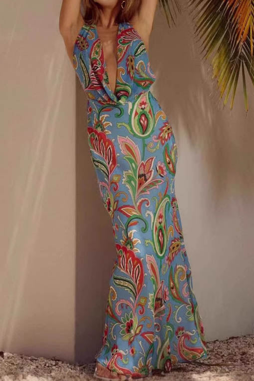Verdant Shadows - Flower Resort Maxi-Length Dress