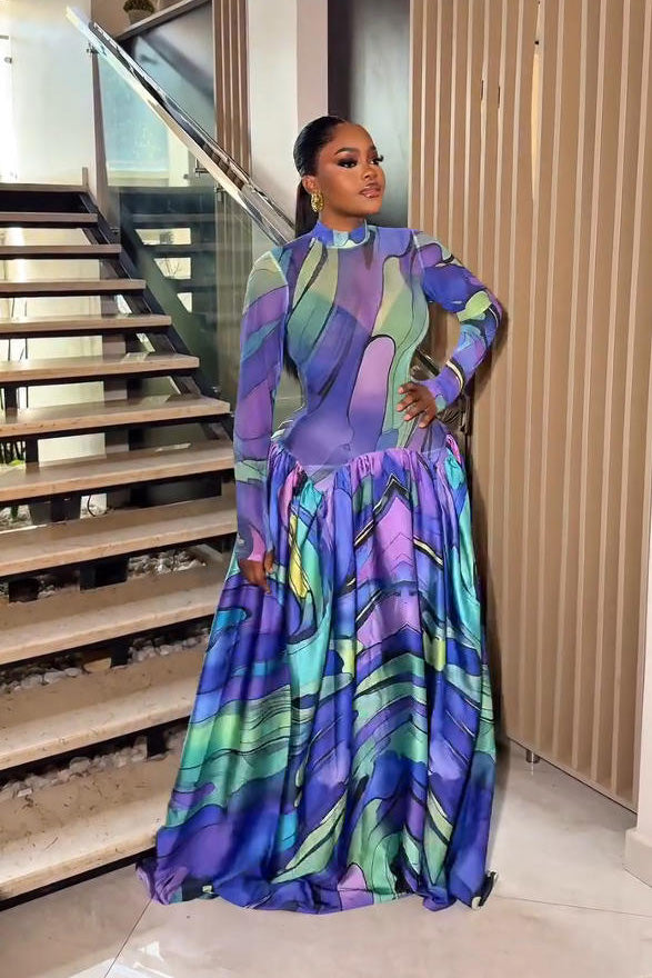 Blue Art-Paint Inspired Maxi-Length Dress