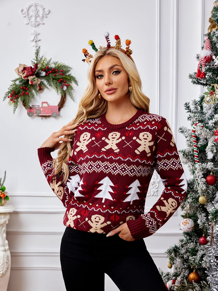 Relaxed Crew Neck Embroidered Knit Sweater - Gingerbread Man