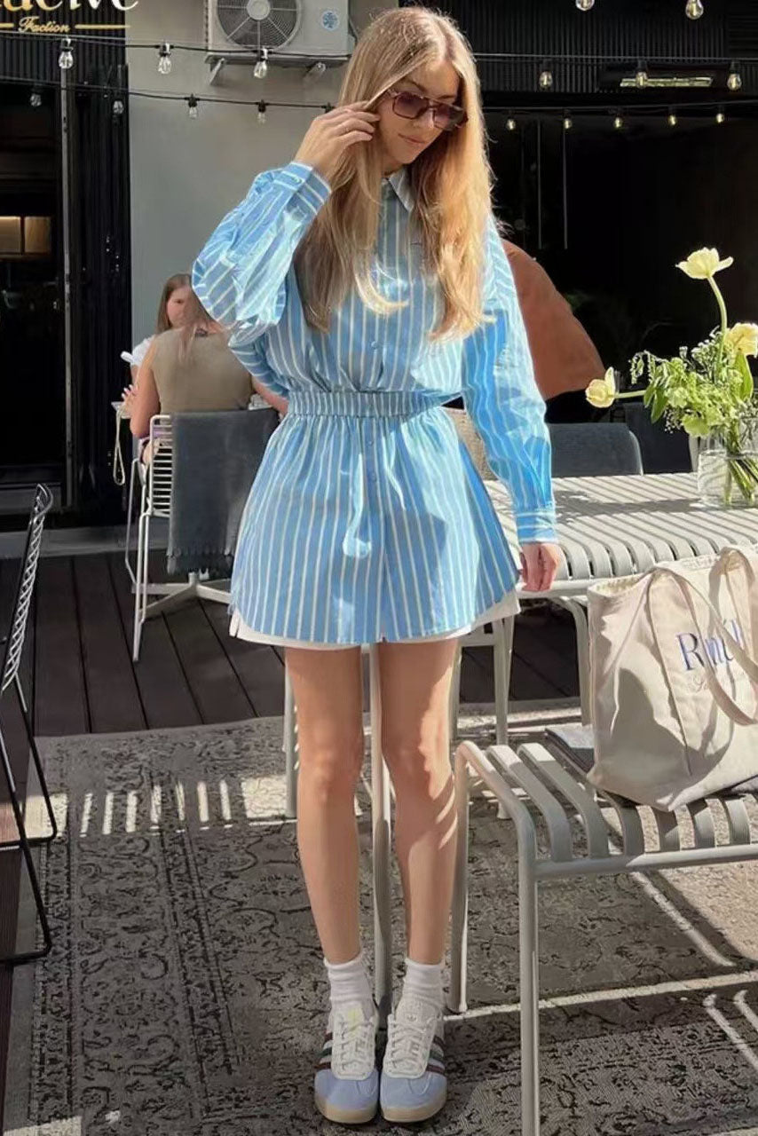 Coordinated Blue Relaxed Striped Shirt Shorts Set