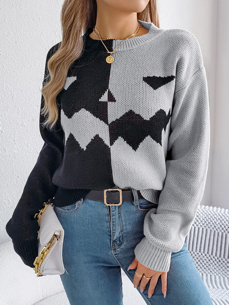 Ghost Pattern Long Sleeve Crew Neck Knit Sweater