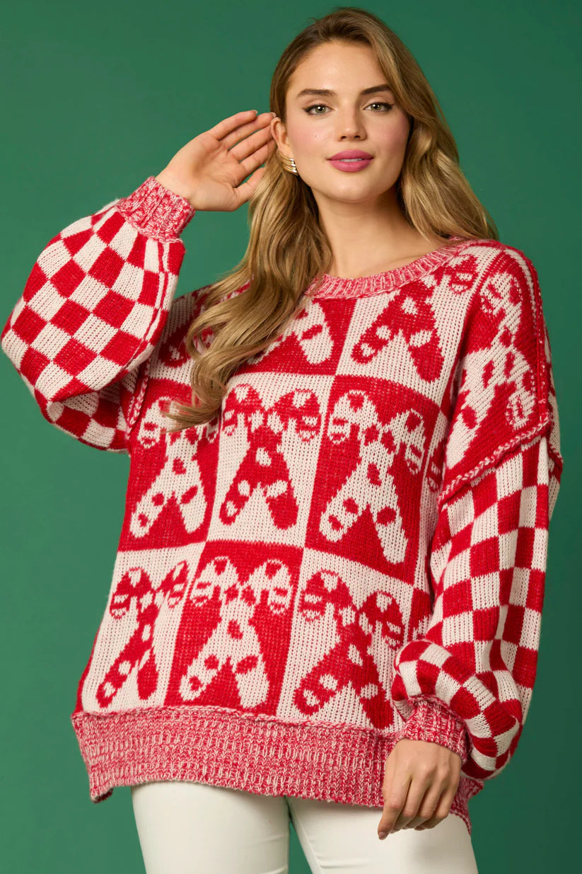 Modern Candy Cane Christmas Needles & Gingerbread Man Knit Sweater