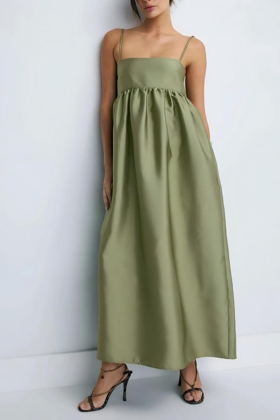 Clean-Lined Olive Green Babydoll Midi-Length Dress