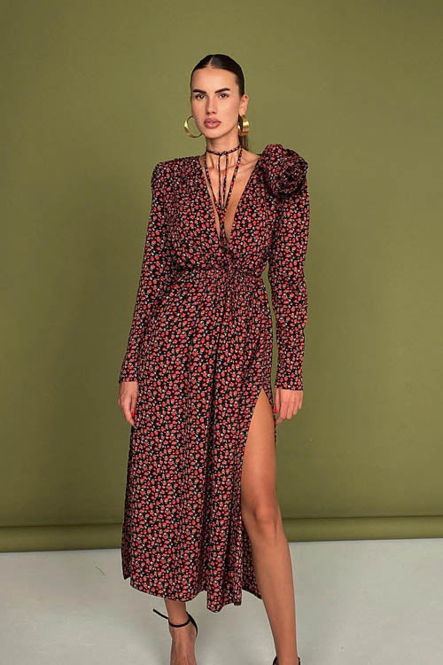 Bertha Flower V-Neck Midi-Length Dress
