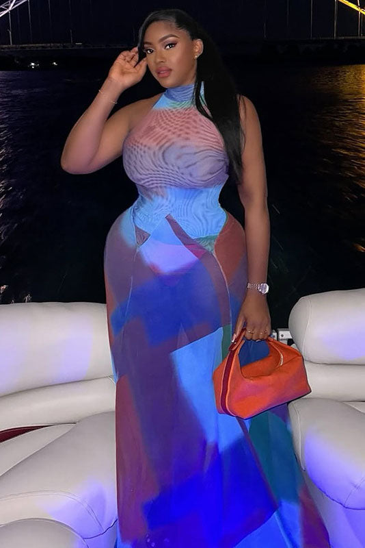 Fluid Tie-Dye Flared Cuff Maxi-Length Dress