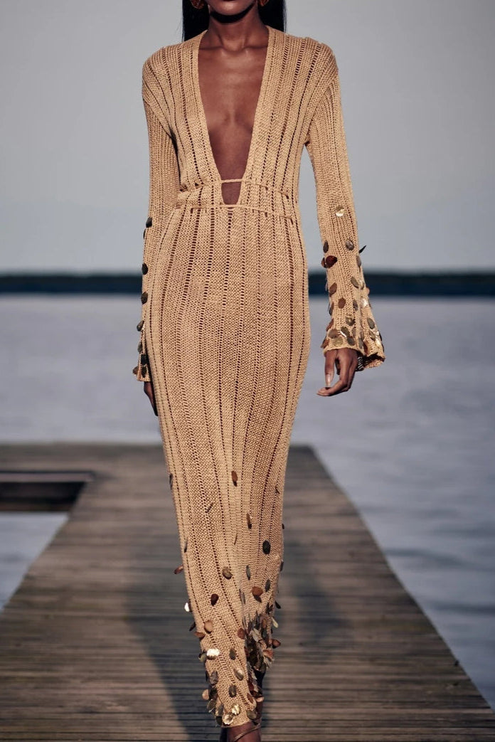 Dolly Gold Knit Maxi-Length Dress