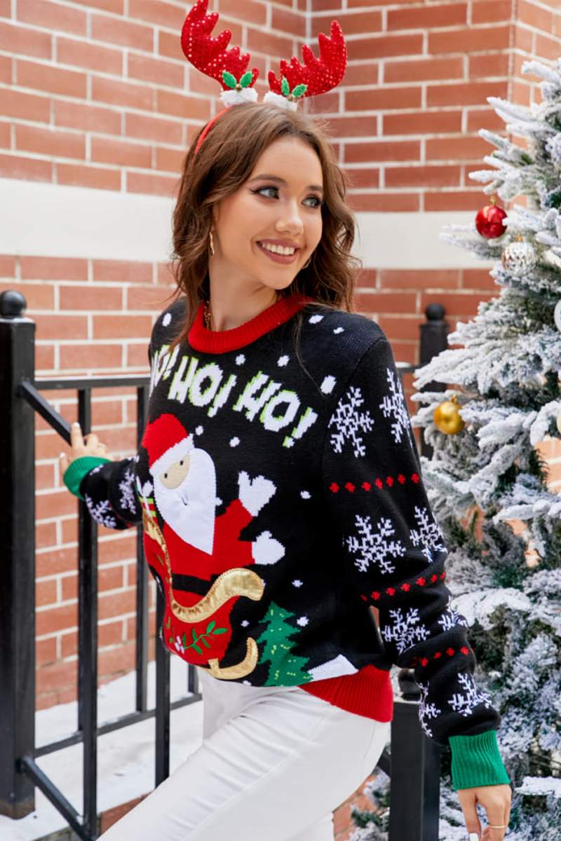 Crew Neck Relaxed Embroidered Santa Knit Sweater