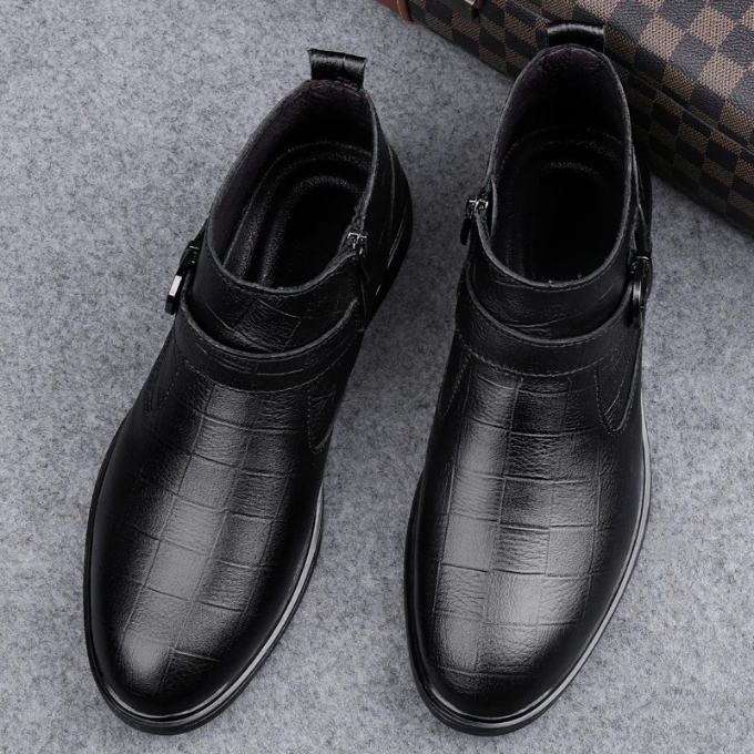 Full-Grain Leather Boots with Buckle Strap