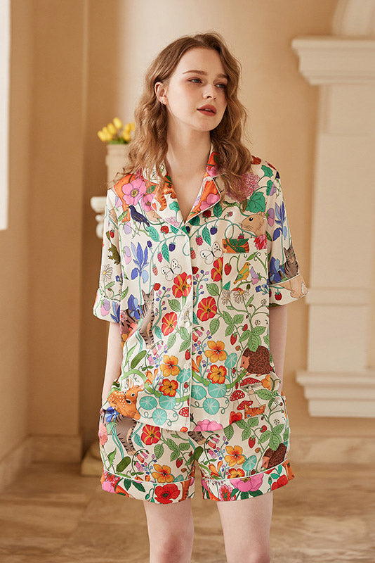 Coordinated White Forest Garden Print Ice Silk Short Loungewear Set
