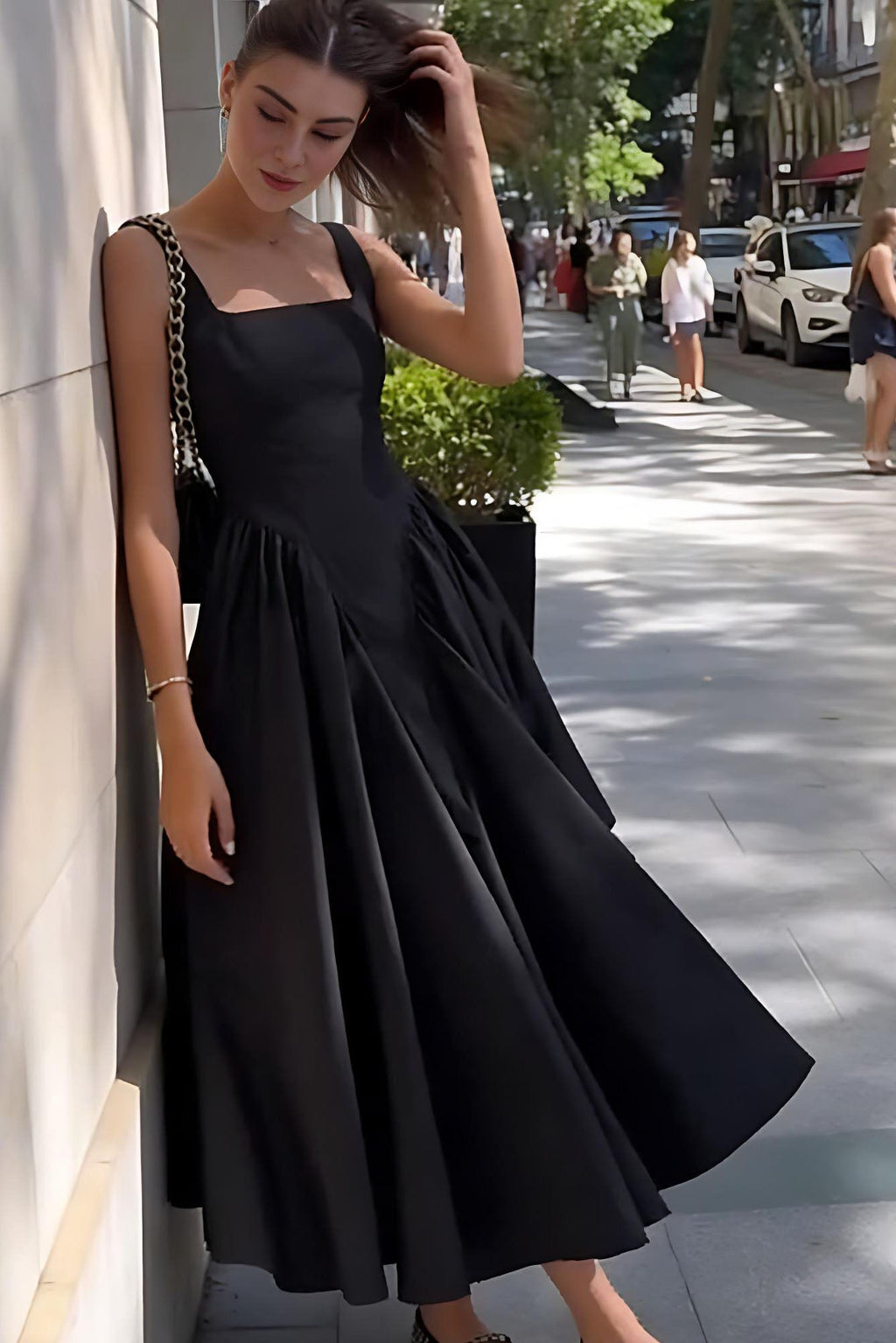 Black Square Neck Back Bow Midi-Length Dress